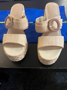 Indigo Beige Woven Platform Sandals with Round Buckle